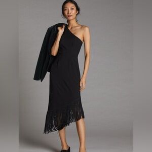 Hutch x Anthropologie One Shoulder Black Cocktail Dress with Fringe - Size 1X